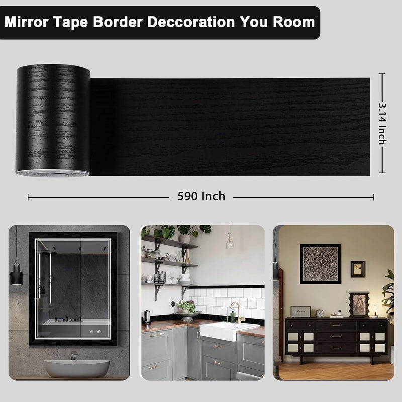 Alened 49FT Black Wood Grain Mirror Frame Border Peel and Stick Wallpaper, Removable Waterproof Bathroom Mirror Tape Sticker Trim, Wallpaper Self Adhesive Decor Sticker 3.14" x 590" - Image 5